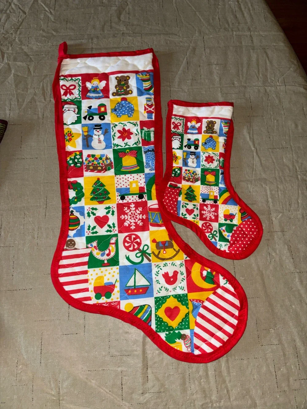 Lot of 3 Vintage Christmas Stockings needlepoint and quilted